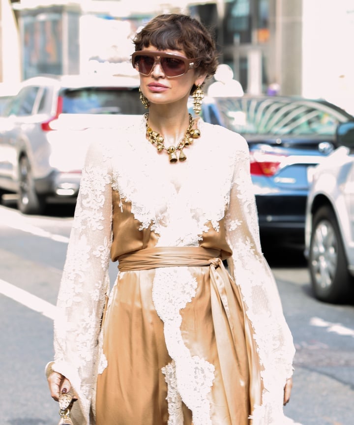 Lace Top with Gold Satin Wrap Dress and Statement Jewelry Lace Top with Gold Satin Wrap Dress and Statement Jewelry — Aesthetic Style Inspo