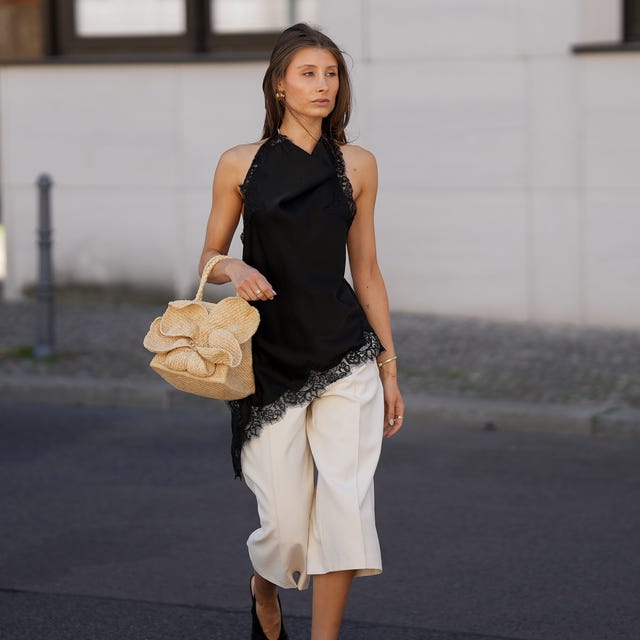 Black Asymmetrical Top with Lace Trim and White Cropped Pants Black Asymmetrical Top with Lace Trim and White Cropped Pants — Aesthetic Style Inspo