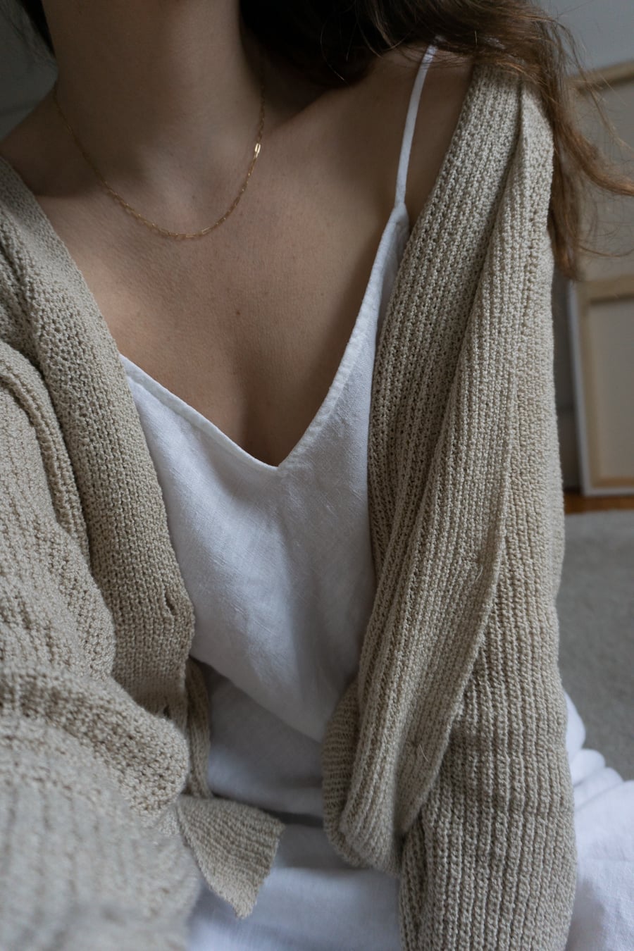 Beige Knit Cardigan Over Off-White Camisole Beige Knit Cardigan Over Off-White Camisole — Aesthetic Style Inspo
