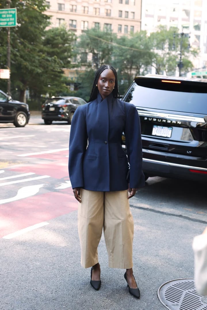 Navy Structured Blazer with Beige Wide-Leg Pants Navy Structured Blazer with Beige Wide-Leg Pants — Aesthetic Style Inspo