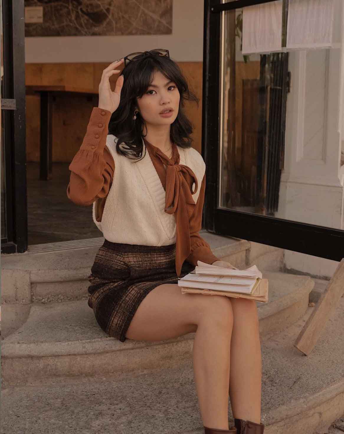 Plaid Mini Skirt with Bow Blouse and Knit Vest Plaid Mini Skirt with Bow Blouse and Knit Vest — Aesthetic Style Inspo