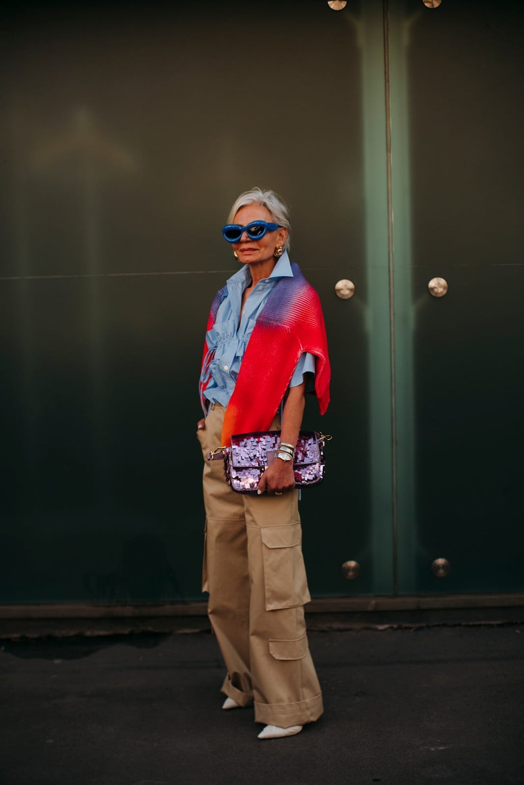 Khaki Cargo Pants with Blue Shirt and Striped Scarf Khaki Cargo Pants with Blue Shirt and Striped Scarf — Aesthetic Style Inspo