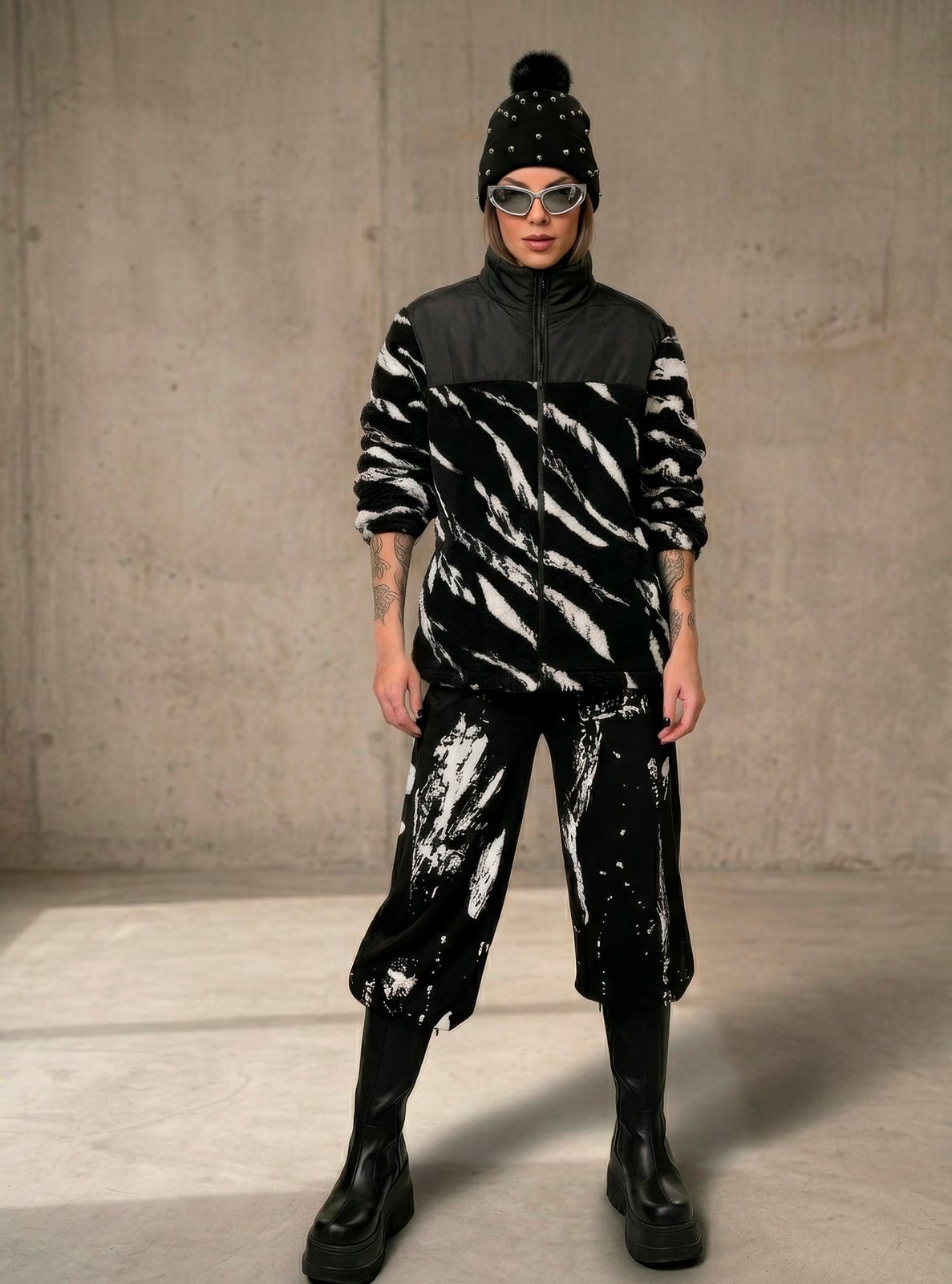 Zebra Print Fleece Jacket and Baggy Pants With Black Base Layer — Aesthetic Techno Outfit