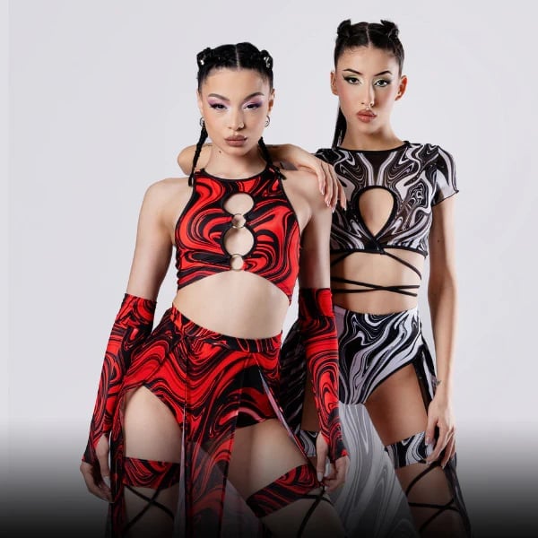 Marble Print Crop Top and High-Cut Bottoms — Aesthetic Techno Outfit