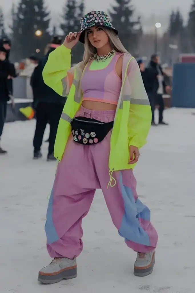 Neon Yellow Jacket with Pink Crop Top — Aesthetic Techno Outfit