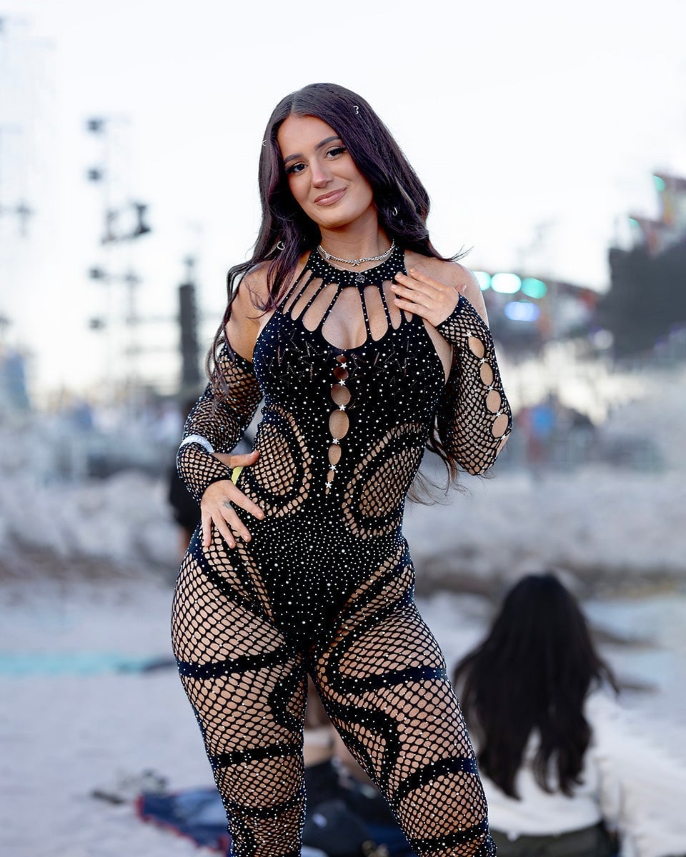 Rhinestone Fishnet Bodysuit — Aesthetic Techno Outfit