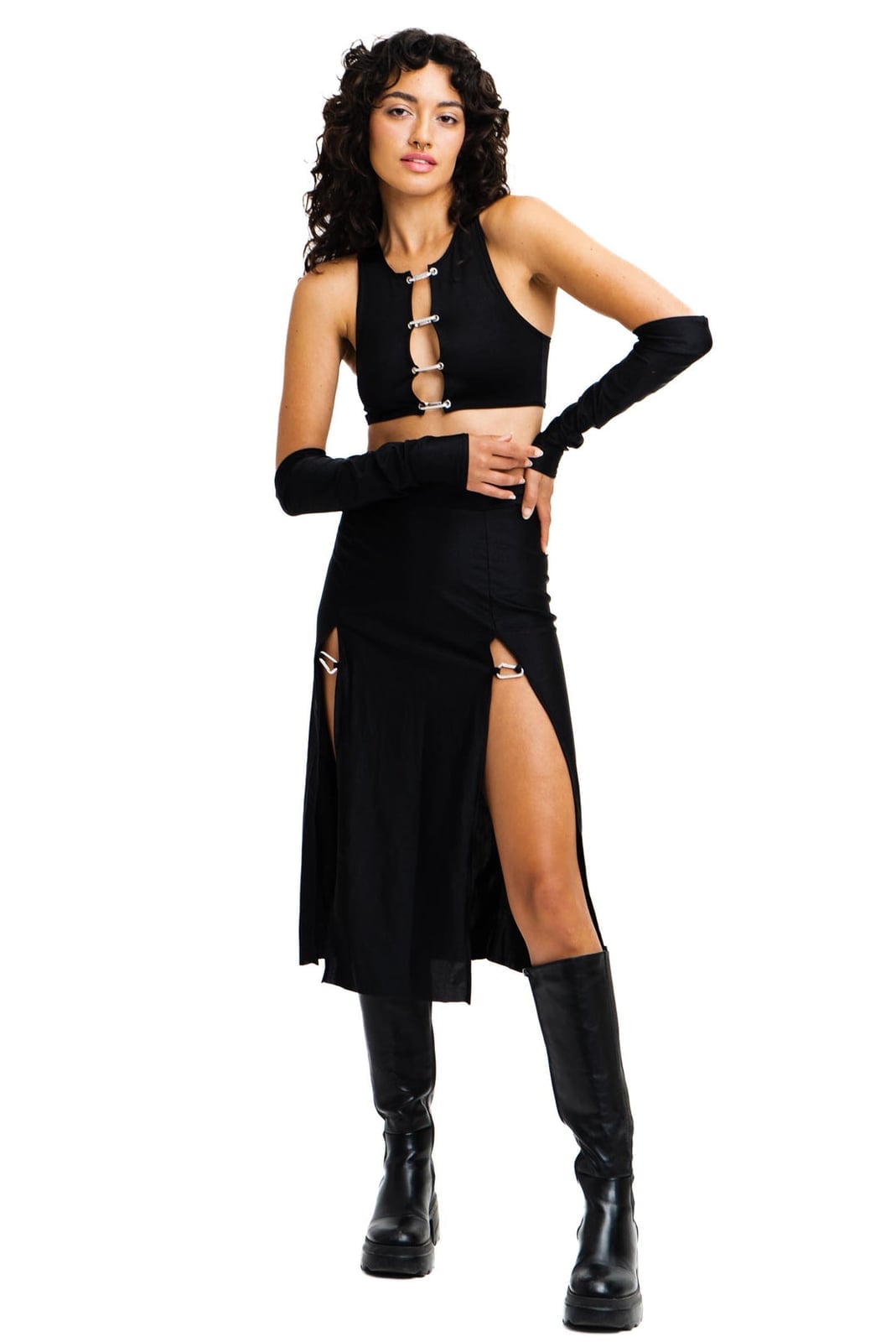 Crop Top with Mesh Sleeves and Slit Midi Skirt — Aesthetic Techno Outfit