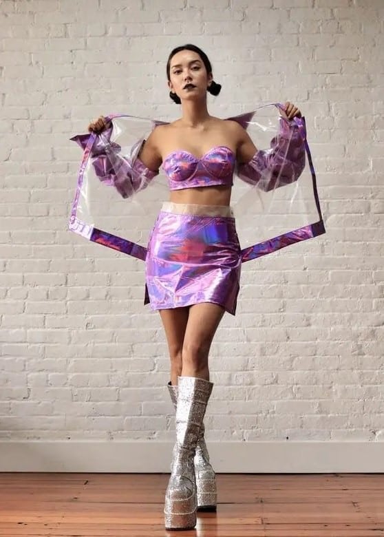 Holographic Crop Top and Mini Skirt Set — Aesthetic Techno Outfit