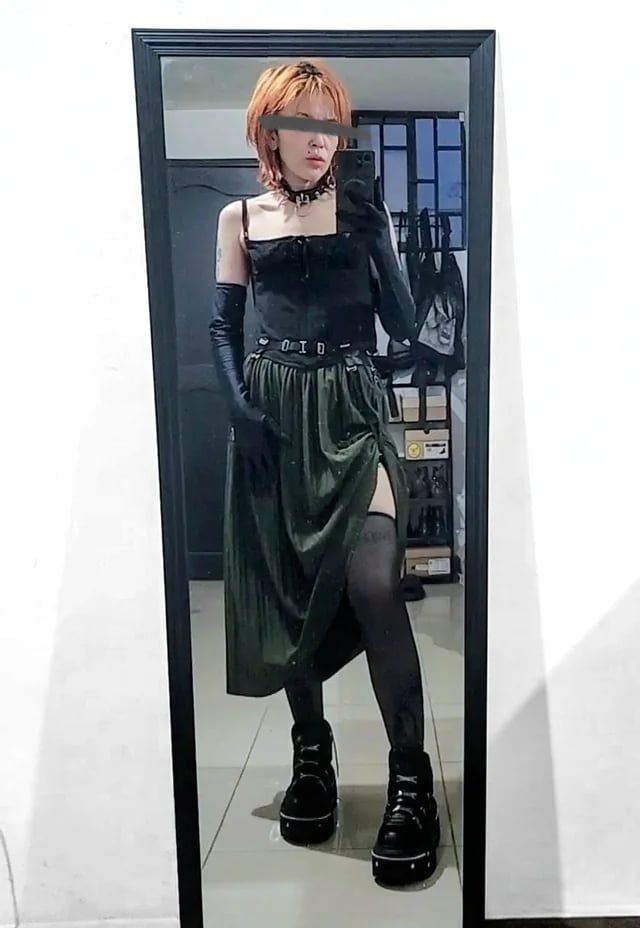 Corset Top with Olive Green Skirt — Aesthetic Techno Outfit