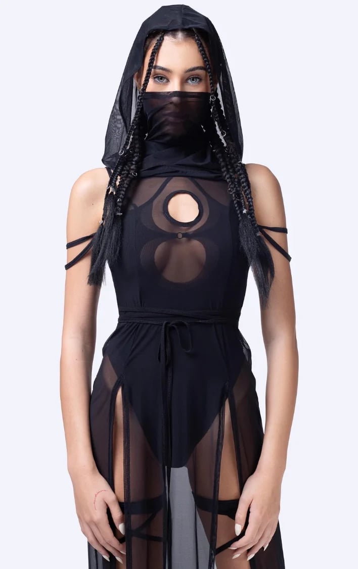 Sheer Hooded Overlay Dress, Close-Up Take — Aesthetic Techno Outfit