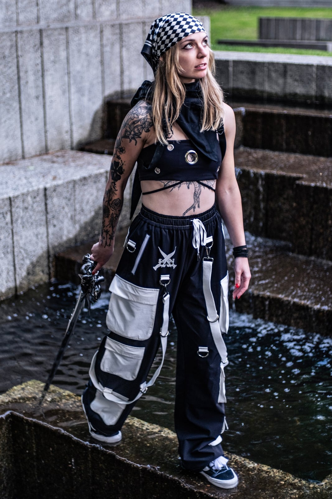 Bandeau Top and Multi-Pocket Cargo Pants, Close-Up Take — Aesthetic Techno Outfit