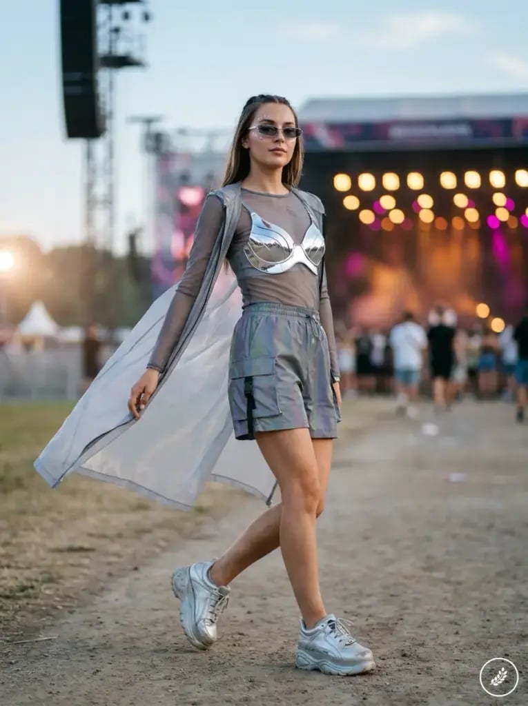 Metallic Bralette with Sheer Coat and Cargo Shorts, Close-Up Take — Aesthetic Techno Outfit
