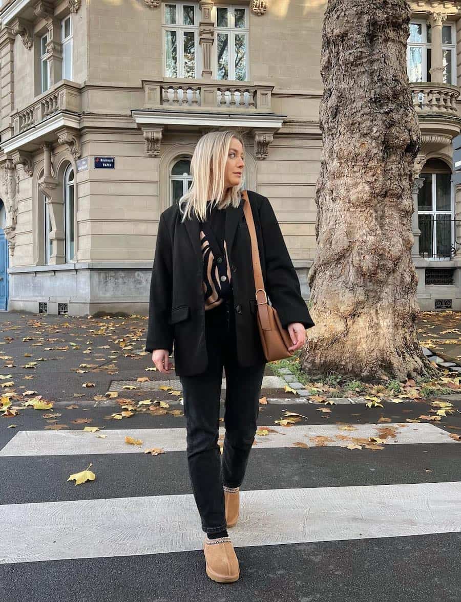 Tan Ugg Tasman Slippers with a Black Blazer, Close-Up Take Tan Ugg Tasman Slippers with a Black Blazer, Close-Up Take — Aesthetic Ugg Tasman Outfit