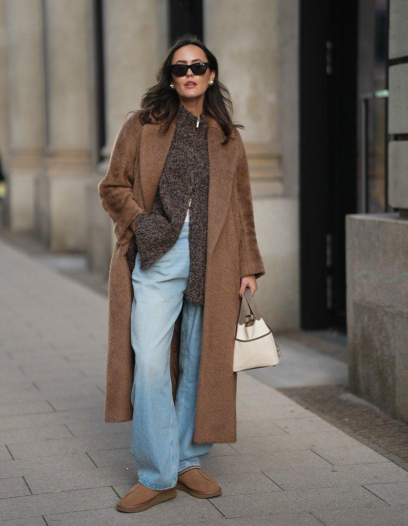 Brown UGG Tasman Slippers with Wide-Leg Jeans and a Long Fuzzy Coat Brown UGG Tasman Slippers with Wide-Leg Jeans and a Long Fuzzy Coat — Aesthetic Ugg Tasman Outfit