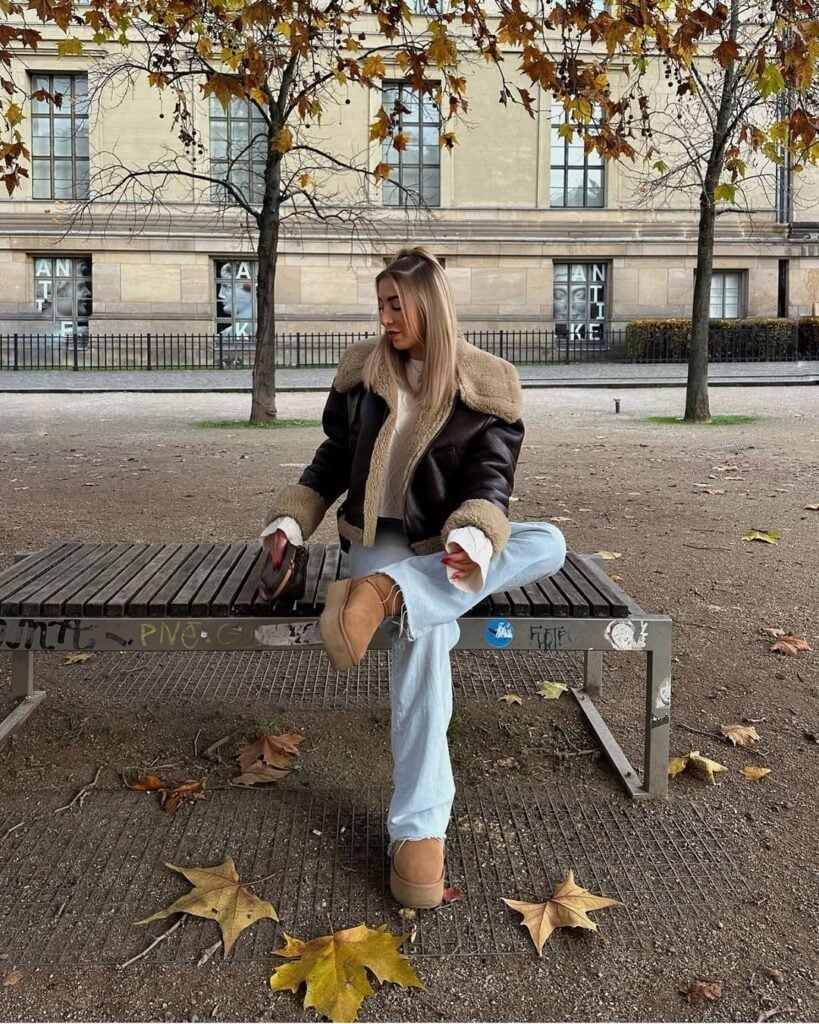 Tan Platform Clogs with Light Blue Wide-Leg Jeans and a Shearling Tan Platform Clogs with Light Blue Wide-Leg Jeans and a Shearling — Aesthetic Ugg Tasman Outfit