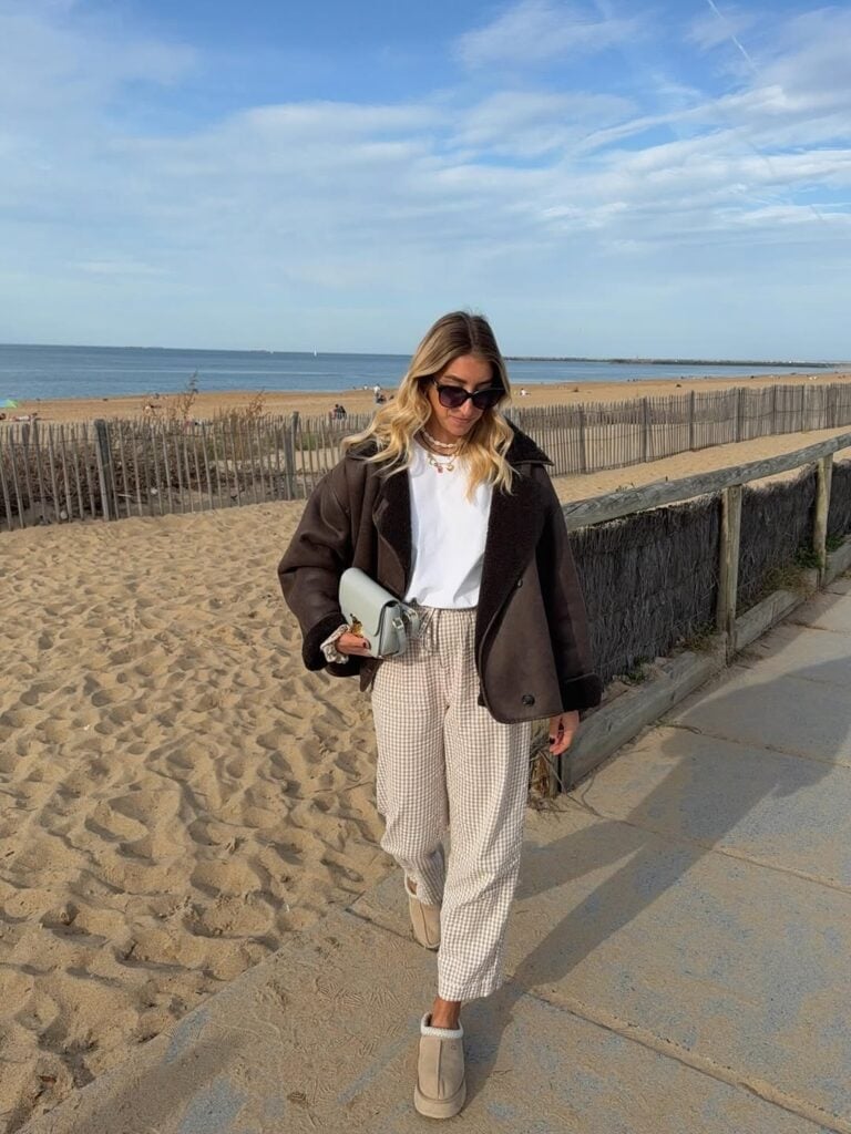 Tan Ugg Tasman Slippers with Gingham Trousers and a Shearling Jacket Tan Ugg Tasman Slippers with Gingham Trousers and a Shearling Jacket — Aesthetic Ugg Tasman Outfit