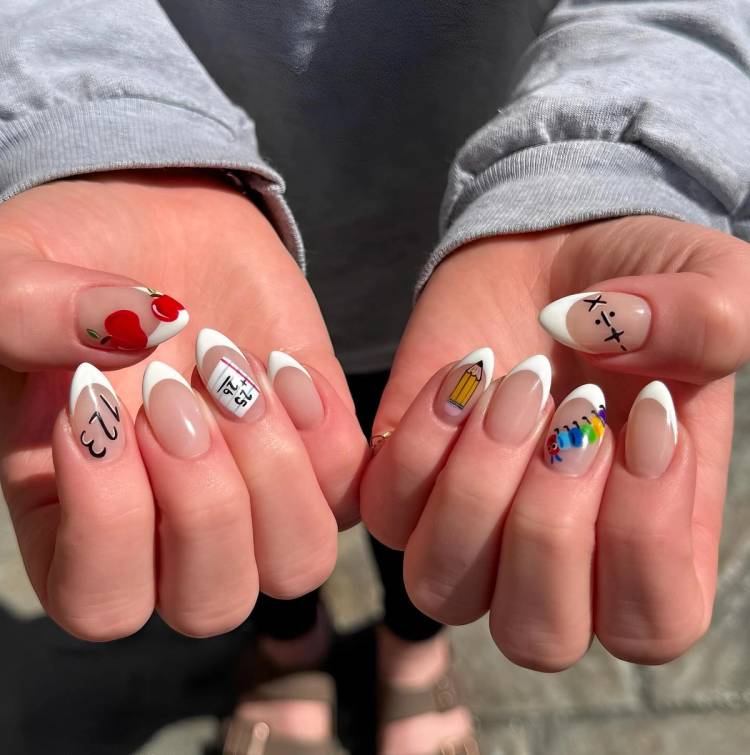 School Themed Medium Almond Nails School Themed Medium Almond Nails — Aesthetic University Nails