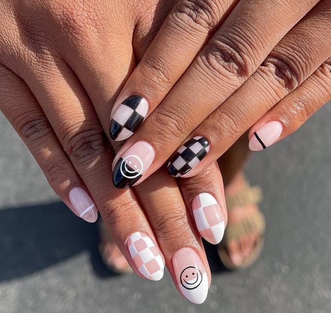 Mixed Graphic Short Oval Nails Mixed Graphic Short Oval Nails — Aesthetic University Nails