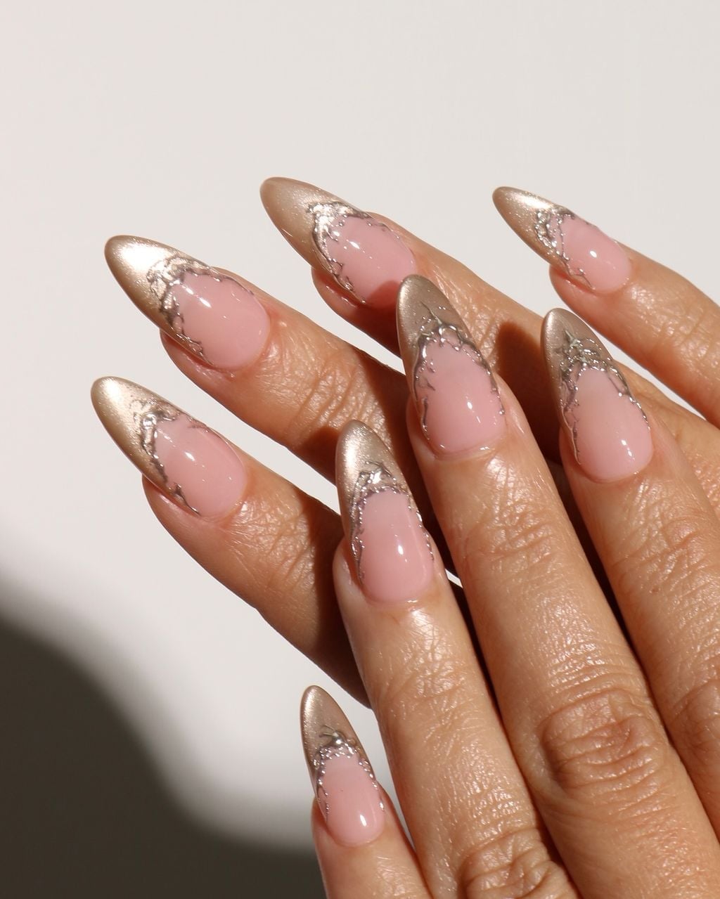 Champagne Chrome Abstract French Stiletto Nails Champagne Chrome Abstract French Stiletto Nails — Aesthetic University Nails
