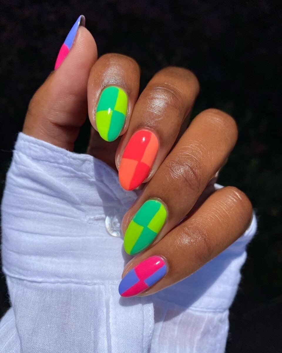 Neon Color Block Oval Nails Neon Color Block Oval Nails — Aesthetic University Nails