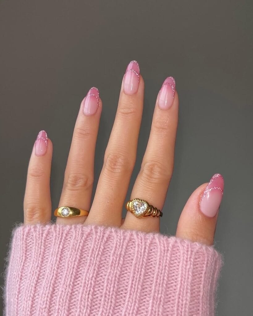 Sparkling Pink French Long Almond Nails Sparkling Pink French Long Almond Nails — Aesthetic University Nails