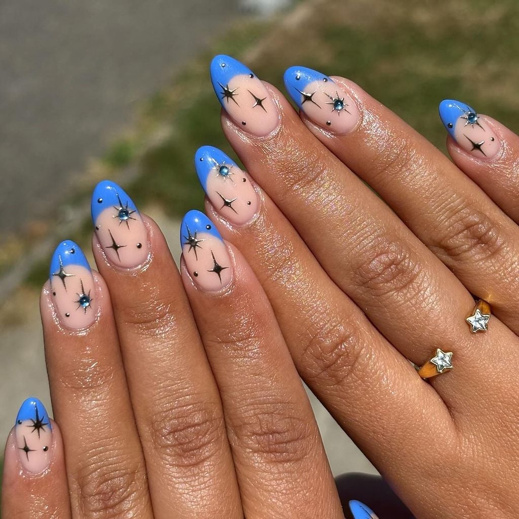 Blue Tip Star Embellished Almond Nails Blue Tip Star Embellished Almond Nails — Aesthetic University Nails