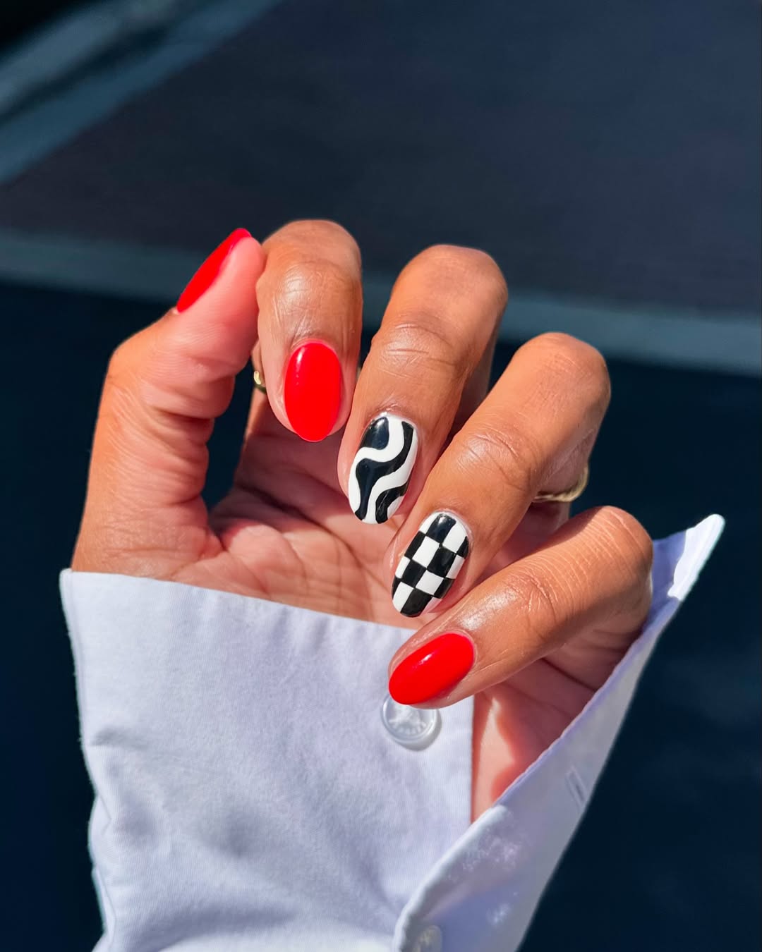 Graphic Checkerboard Wavy Almond Nails Graphic Checkerboard Wavy Almond Nails — Aesthetic University Nails