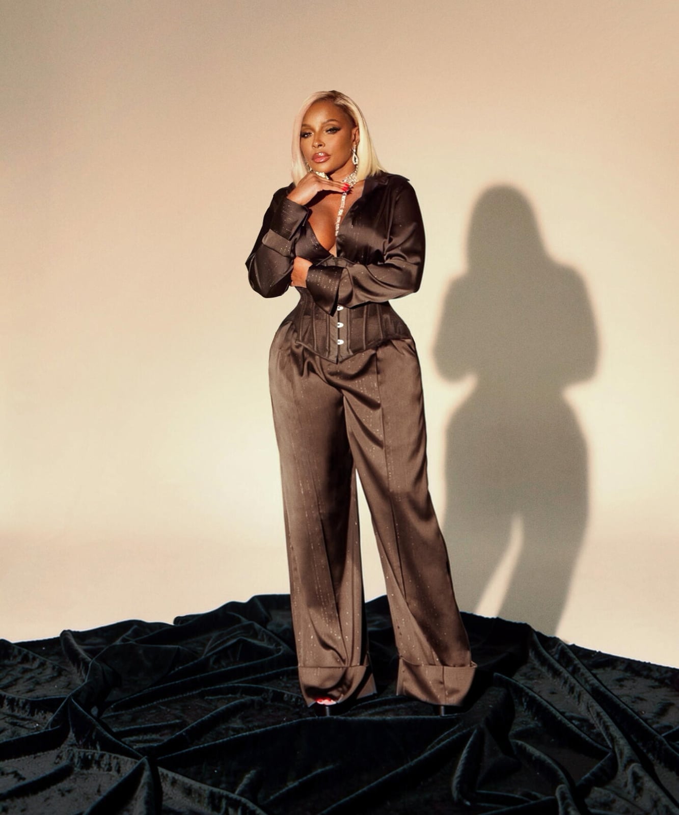 Brown Satin Pantsuit with Plunging Blouse Brown Satin Pantsuit with Plunging Blouse — Aesthetic Vegas Outfits