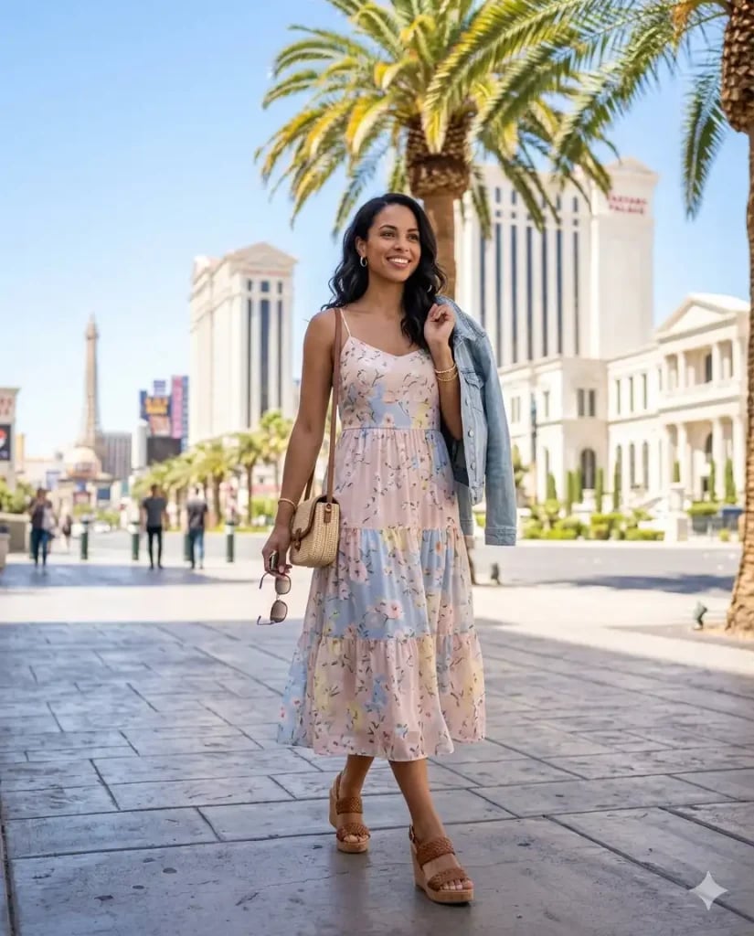 Tiered Floral Midi Dress with Denim Jacket Tiered Floral Midi Dress with Denim Jacket — Aesthetic Vegas Outfits