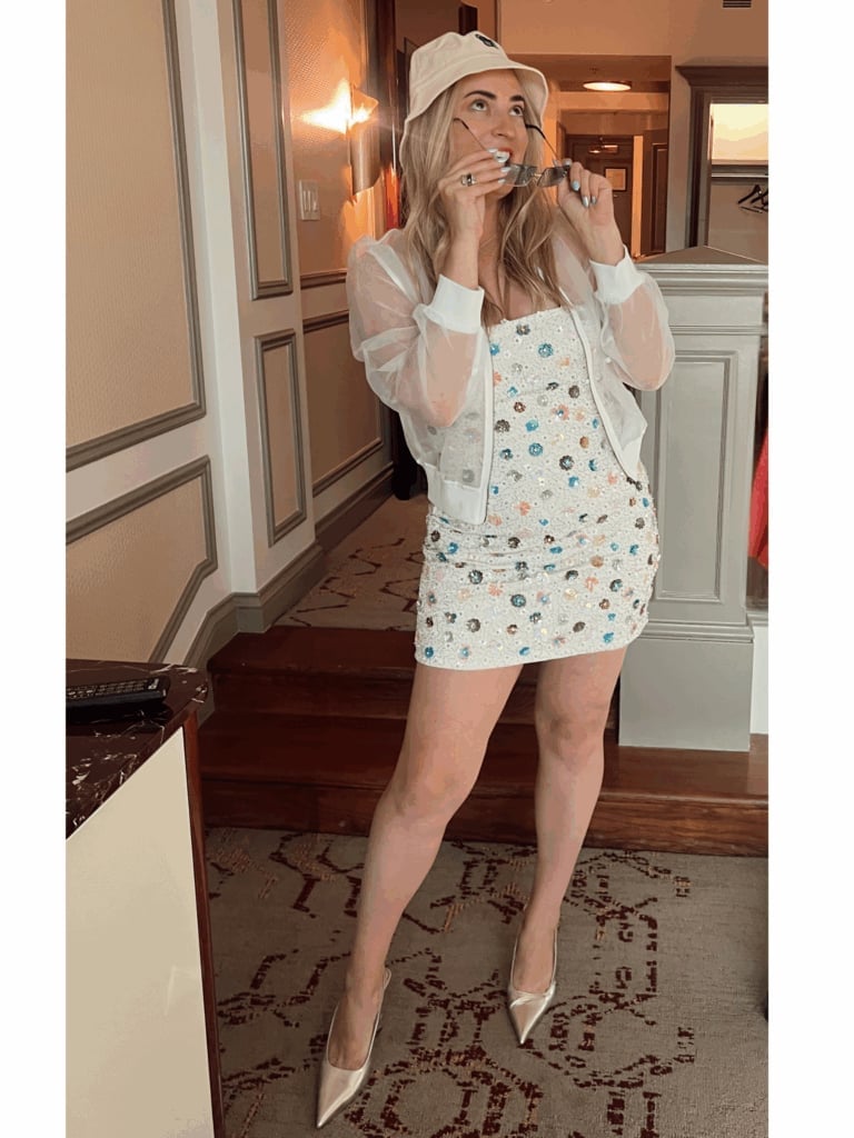 White Sequin Mini Dress with Sheer Organza Jacket White Sequin Mini Dress with Sheer Organza Jacket — Aesthetic Vegas Outfits