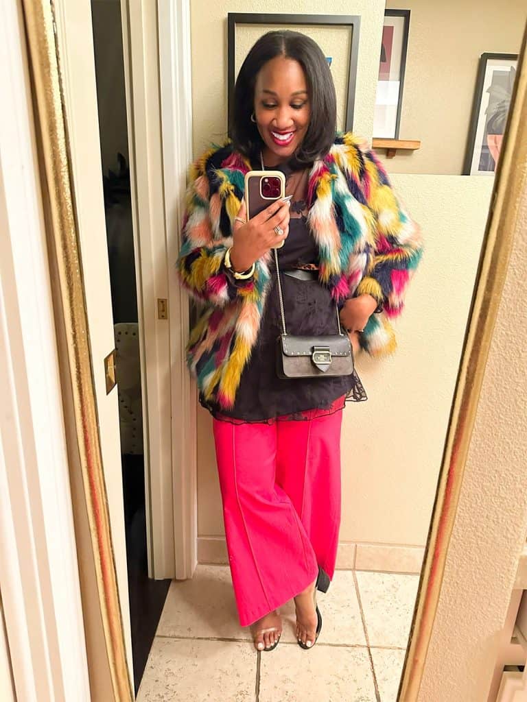 Colorful Faux Fur Coat with Lace Top and Pink Trousers Colorful Faux Fur Coat with Lace Top and Pink Trousers — Aesthetic Vegas Outfits