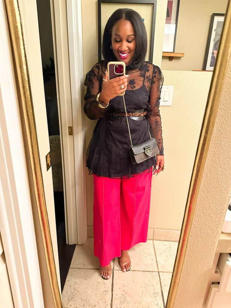 Sheer Black Top with Hot Pink Wide-Leg Trousers Sheer Black Top with Hot Pink Wide-Leg Trousers — Aesthetic Vegas Outfits