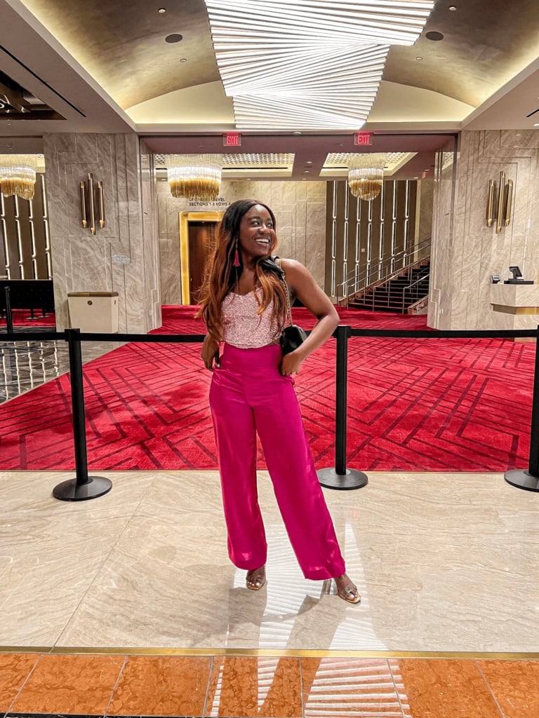 Sequined Camisole with Pink Satin Wide-Leg Pants Sequined Camisole with Pink Satin Wide-Leg Pants — Aesthetic Vegas Outfits