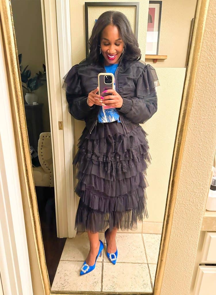 Black Tulle Bomber with Graphic Tee and Tiered Skirt Black Tulle Bomber with Graphic Tee and Tiered Skirt — Aesthetic Vegas Outfits