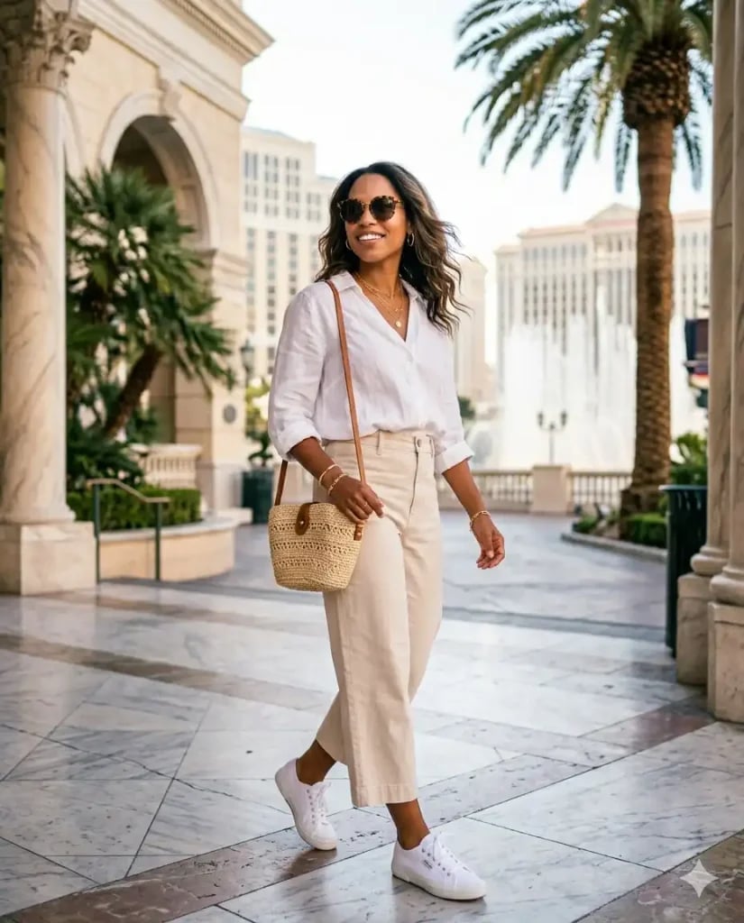 White Linen Shirt with Beige Wide-Leg Pants White Linen Shirt with Beige Wide-Leg Pants — Aesthetic Vegas Outfits