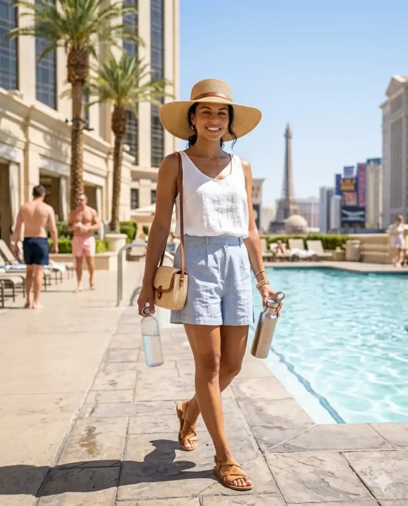 White Tank Top with Light Blue Linen Shorts White Tank Top with Light Blue Linen Shorts — Aesthetic Vegas Outfits