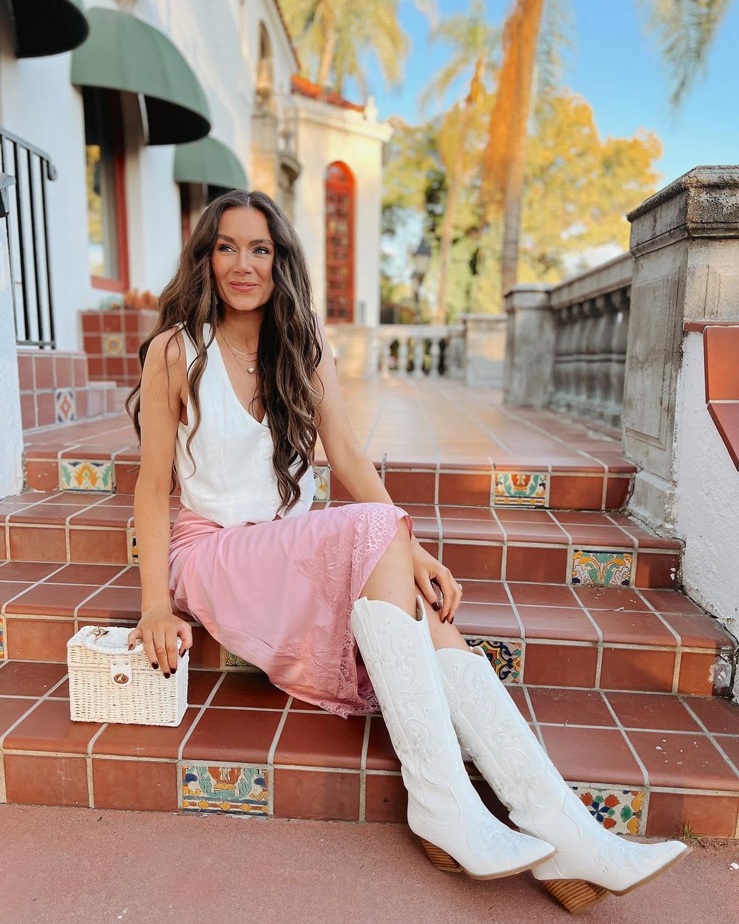 White Cowboy Boots with Lace Slip Skirt White Cowboy Boots with Lace Slip Skirt — Aesthetic White Boots Outfit