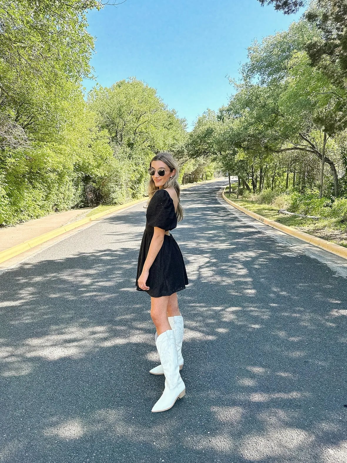 White Cowboy Boots with Black Mini Dress, Cotton White Cowboy Boots with Black Mini Dress, Cotton — Aesthetic White Boots Outfit