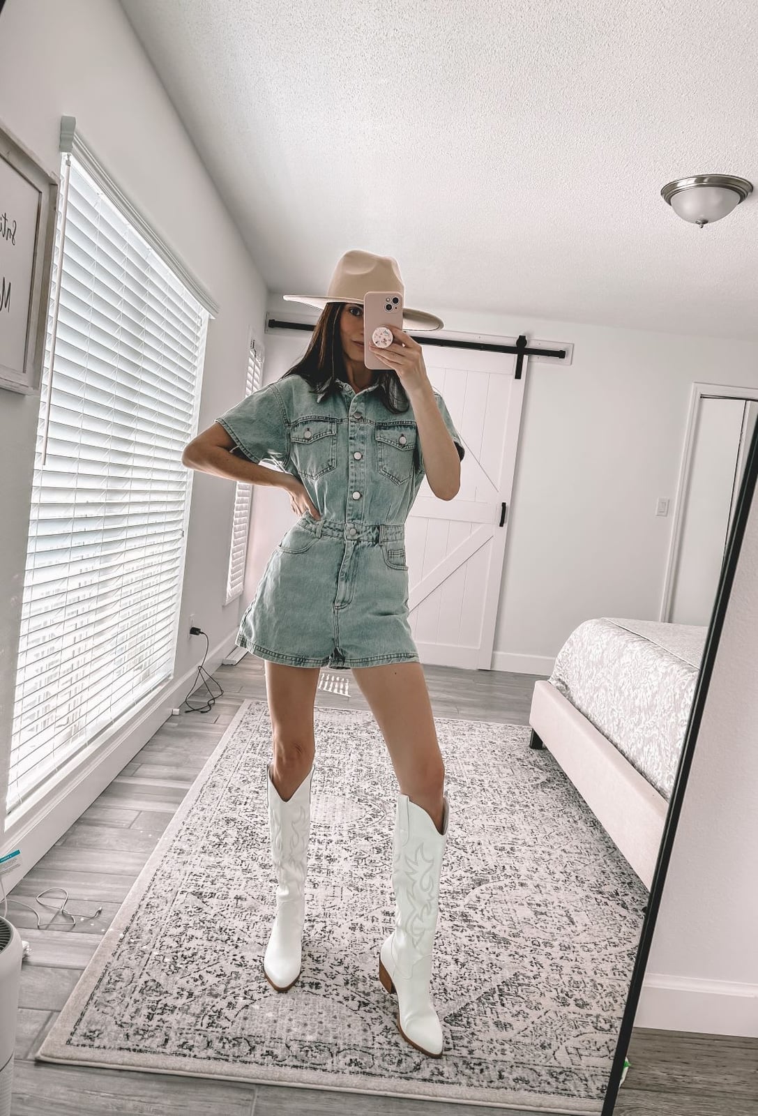 White Cowboy Boots with Denim Romper White Cowboy Boots with Denim Romper — Aesthetic White Boots Outfit