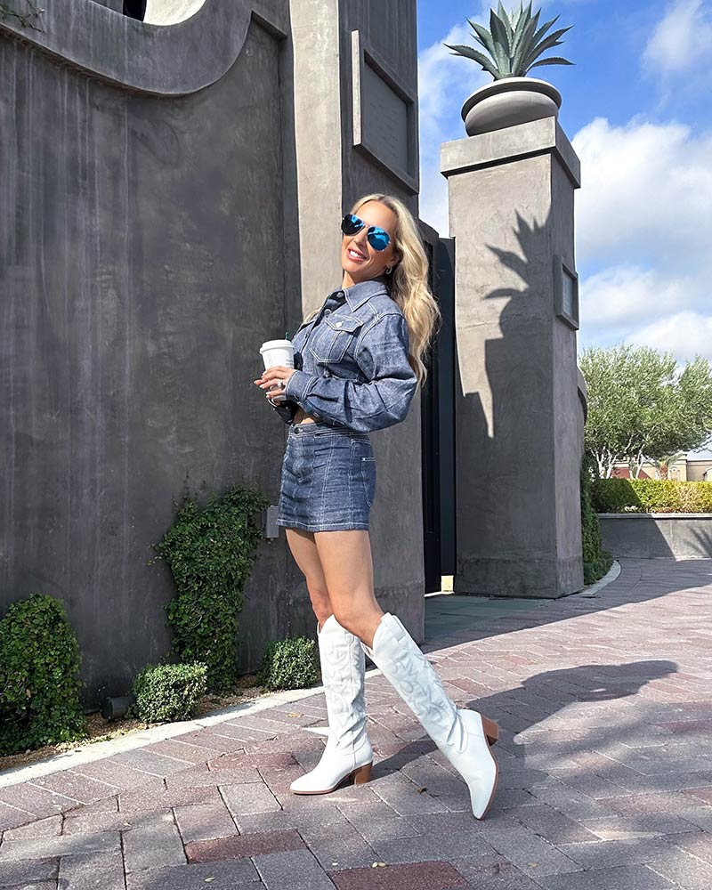 White Cowboy Boots with Denim Mini Skirt, Fitted White Cowboy Boots with Denim Mini Skirt, Fitted — Aesthetic White Boots Outfit