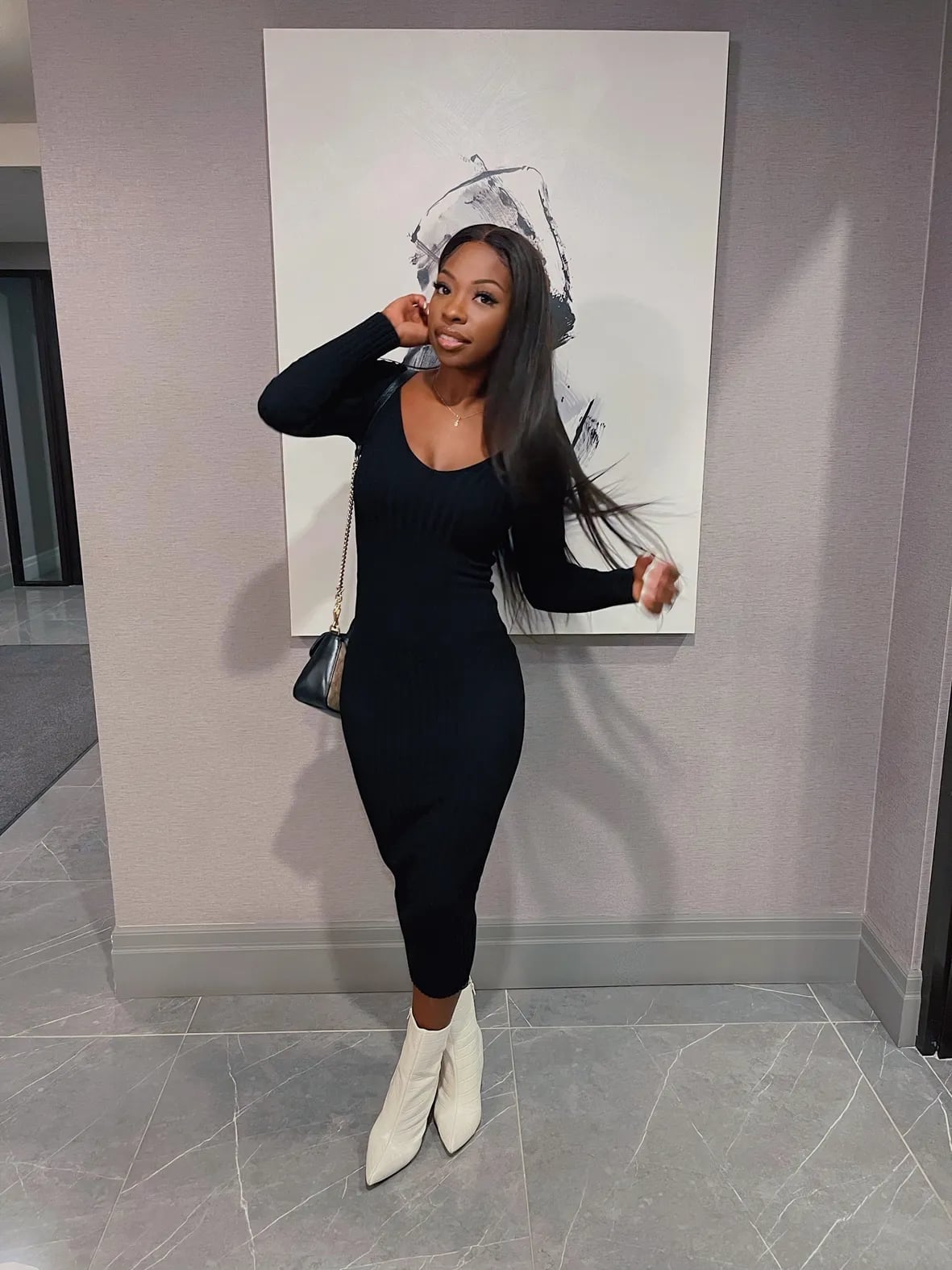 White Ankle Boots with Black Midi Dress White Ankle Boots with Black Midi Dress — Aesthetic White Boots Outfit