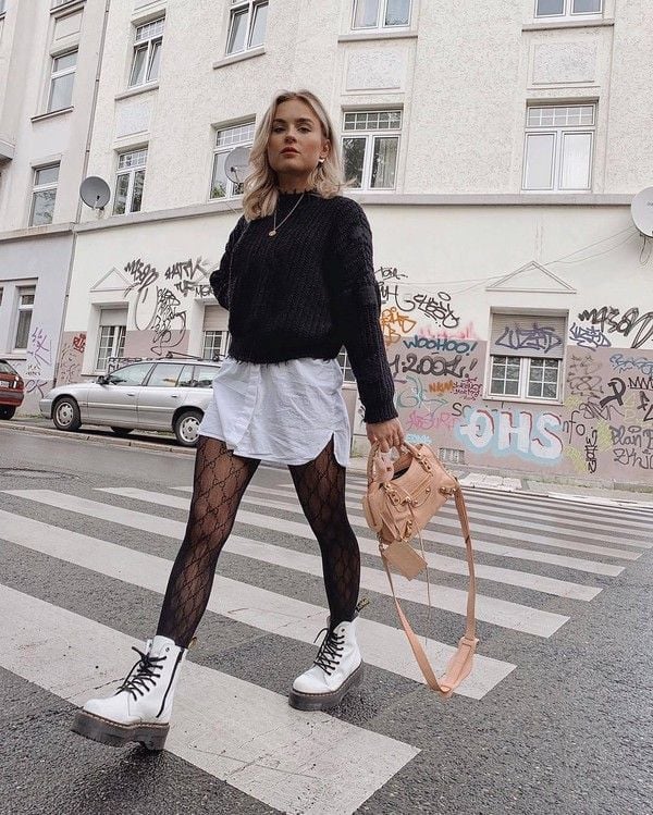 Platform Combat Boots with Mini Skirt Platform Combat Boots with Mini Skirt — Aesthetic White Boots Outfit