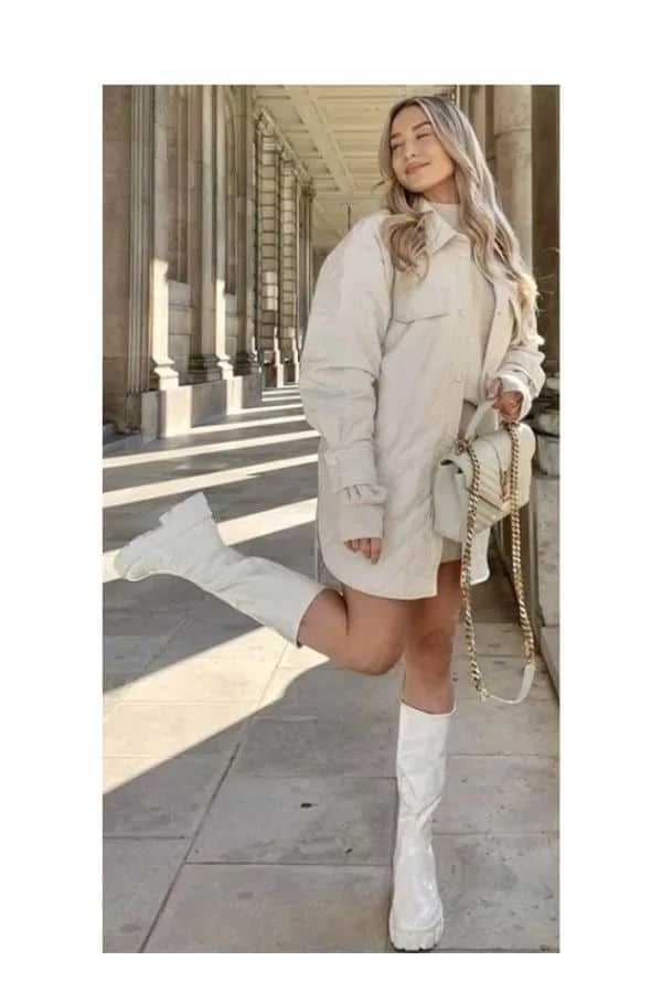 White Platform Knee-High Boots with Shirt Dress White Platform Knee-High Boots with Shirt Dress — Aesthetic White Boots Outfit