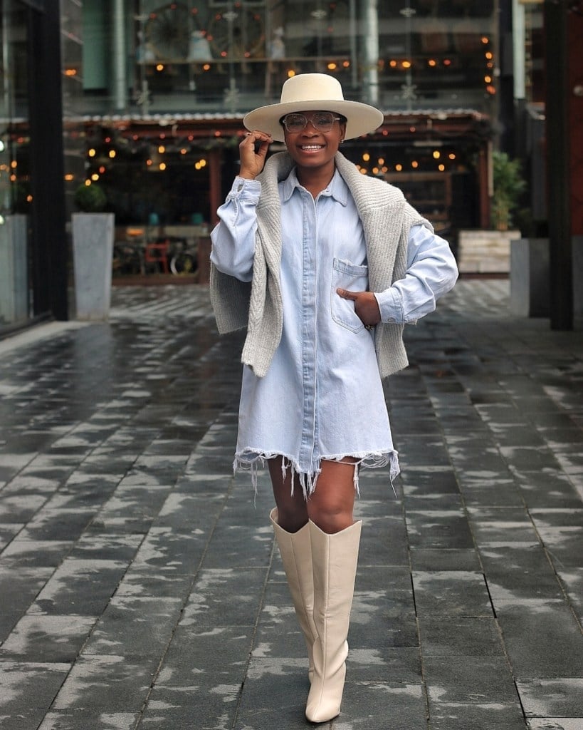 Cream Knee-High Boots with Denim Shirt Dress Cream Knee-High Boots with Denim Shirt Dress — Aesthetic White Boots Outfit