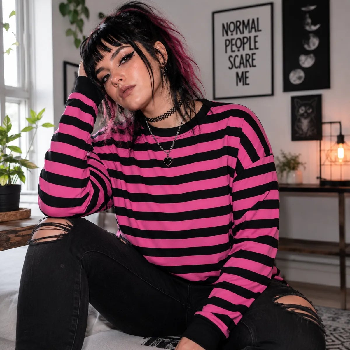 Oversized Striped Shirt With Ripped Jeans Oversized Striped Shirt With Ripped Jeans — Alt Style Inspiration