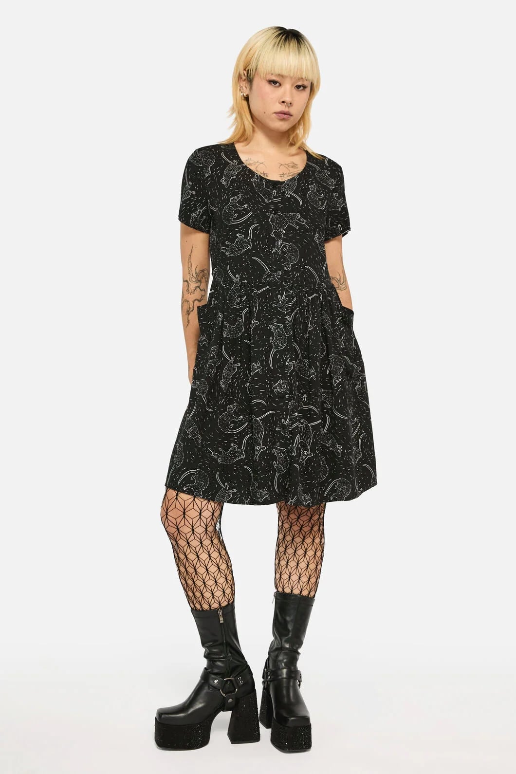 Graphic Print Dress With Fishnet Tights Graphic Print Dress With Fishnet Tights — Alt Style Inspiration