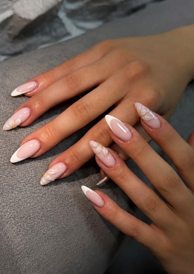 Medium Almond Nails with 3D White Flowers and French Tips Medium Almond Nails with 3D White Flowers and French Tips — Best Cute Almond Nails