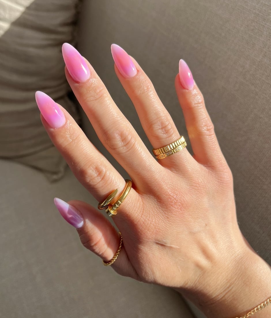 Medium Almond Nails with Pink White Purple Gradient Medium Almond Nails with Pink White Purple Gradient — Best Cute Almond Nails