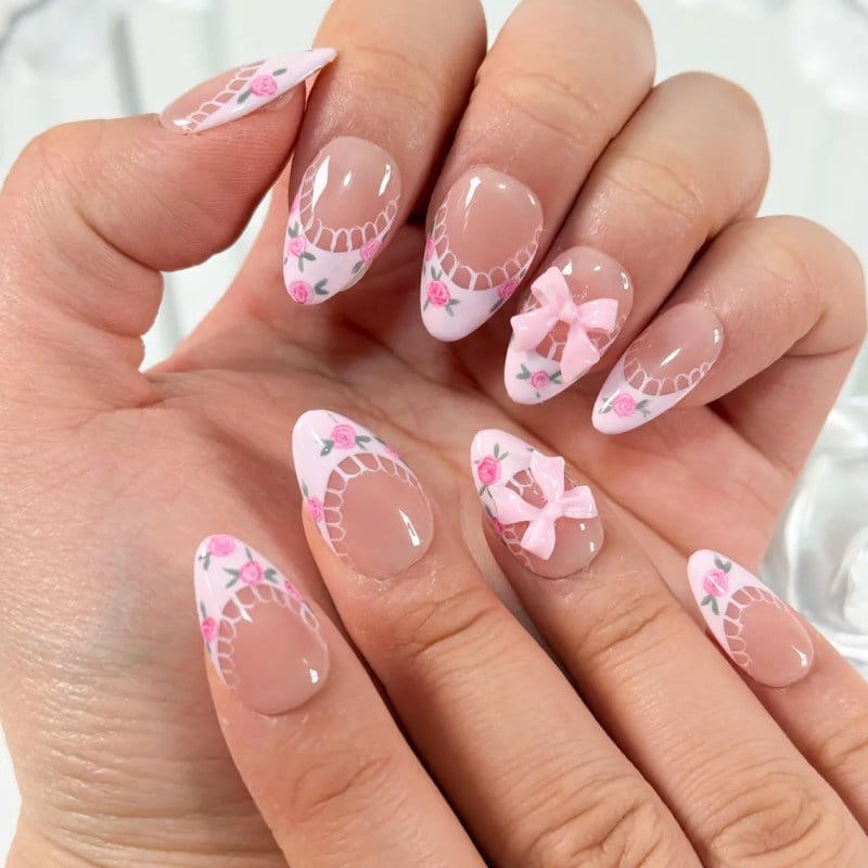 Medium Almond Nails with Lace Roses and Bows Medium Almond Nails with Lace Roses and Bows — Best Cute Almond Nails