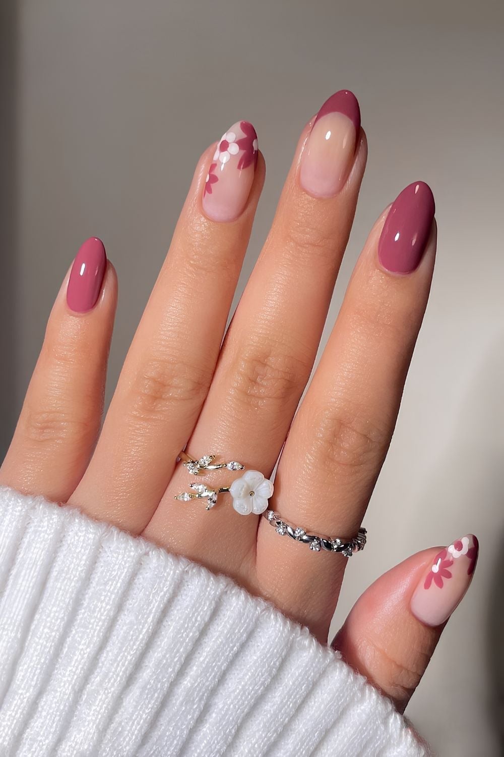 Medium Almond Nails with Floral French Tips and Solid Pink Medium Almond Nails with Floral French Tips and Solid Pink — Best Cute Almond Nails